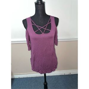 West Coast Love Cold Shoulder Plum Cross Front Blouse